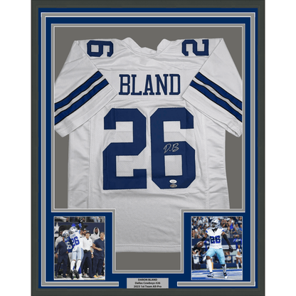 Framed Autographed/Signed Daron Bland 35x39 Dallas White Football Jersey JSA COA