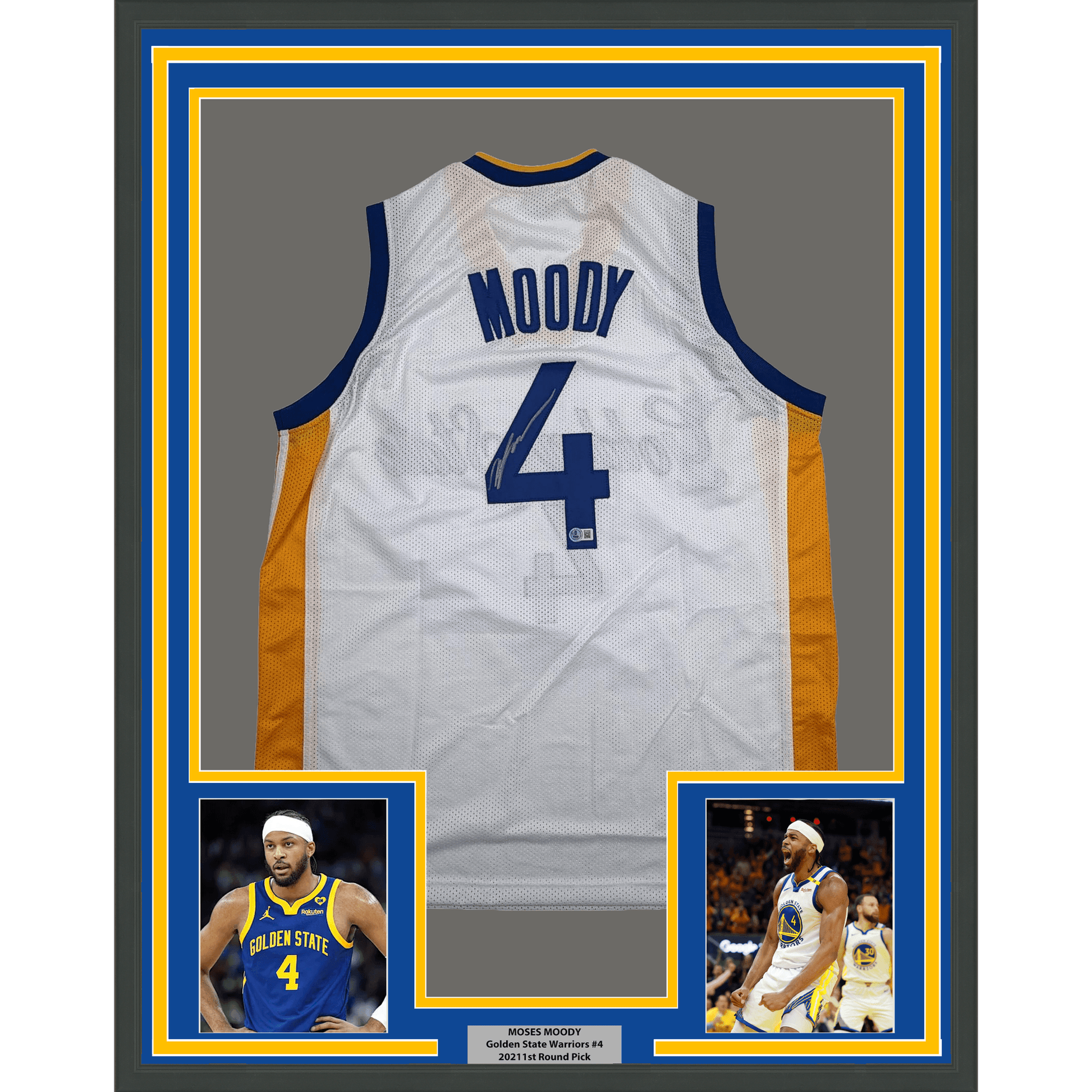 Framed Autographed/Signed Moses Moody 35x37 Golden State White Basketball Jersey Beckett BAS COA