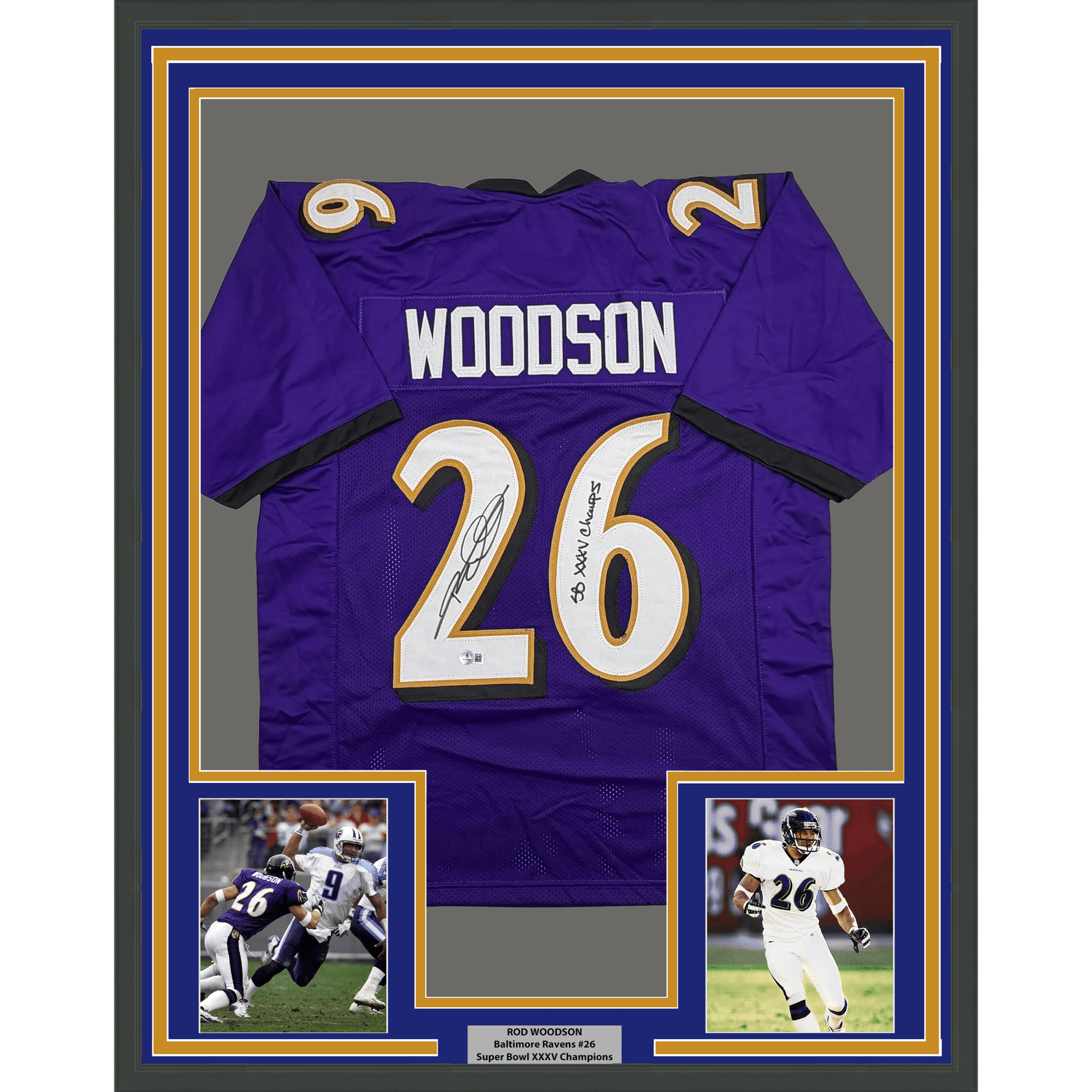 Framed Autographed/Signed Rod Woodson 35x39 SB XXXV Champs Baltimore Purple Football Jersey Beckett BAS COA