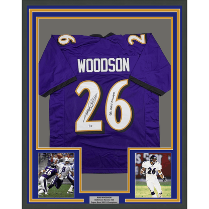 Framed Autographed/Signed Rod Woodson 35x39 SB XXXV Champs Baltimore Purple Football Jersey Beckett BAS COA