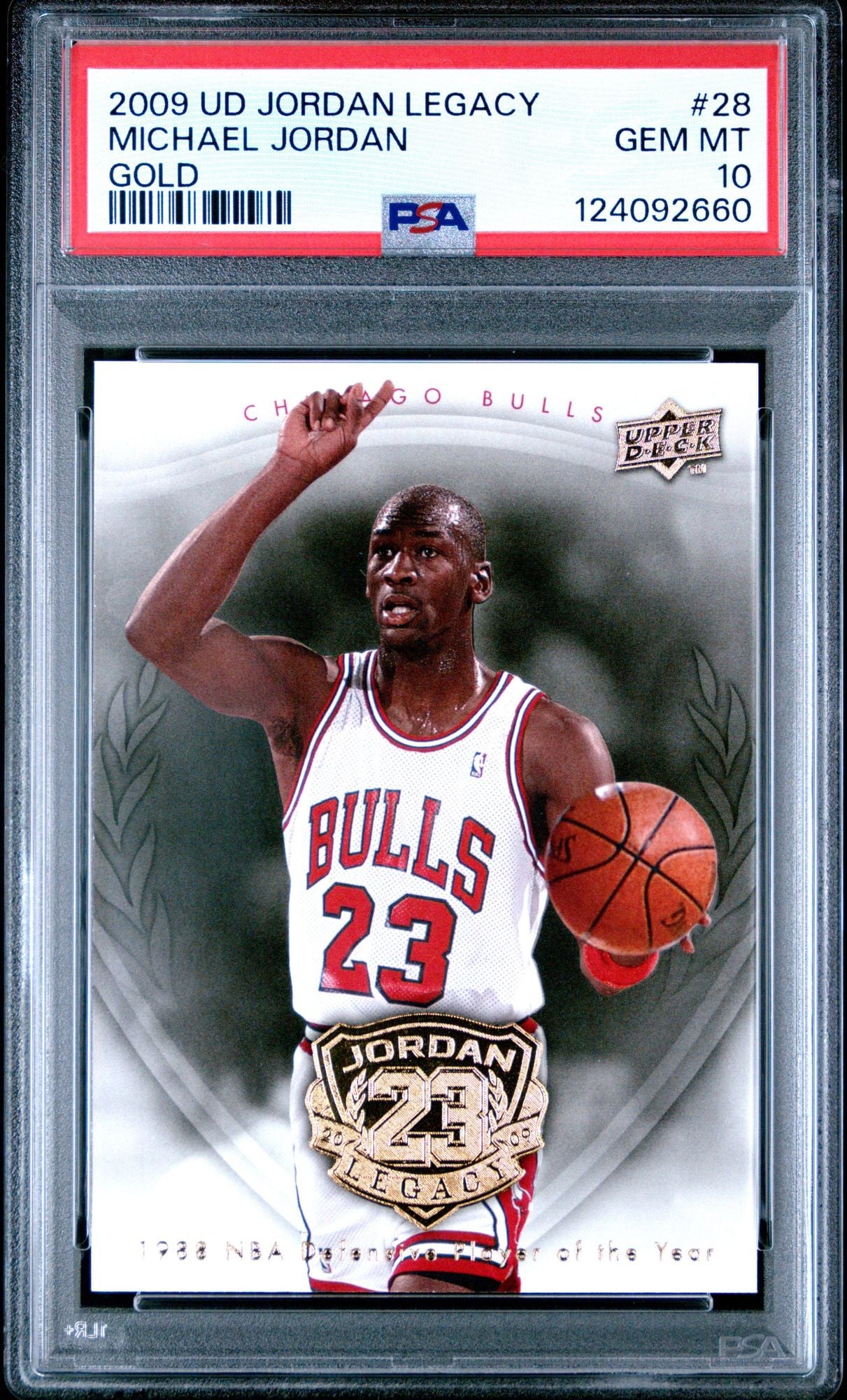 Graded 2009 UD Upper Deck Michael Jordan #28 Legacy Gold 1988 DPOY Basketball Card PSA 10 Gem Mint
