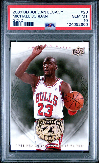 Graded 2009 UD Upper Deck Michael Jordan #28 Legacy Gold 1988 DPOY Basketball Card PSA 10 Gem Mint