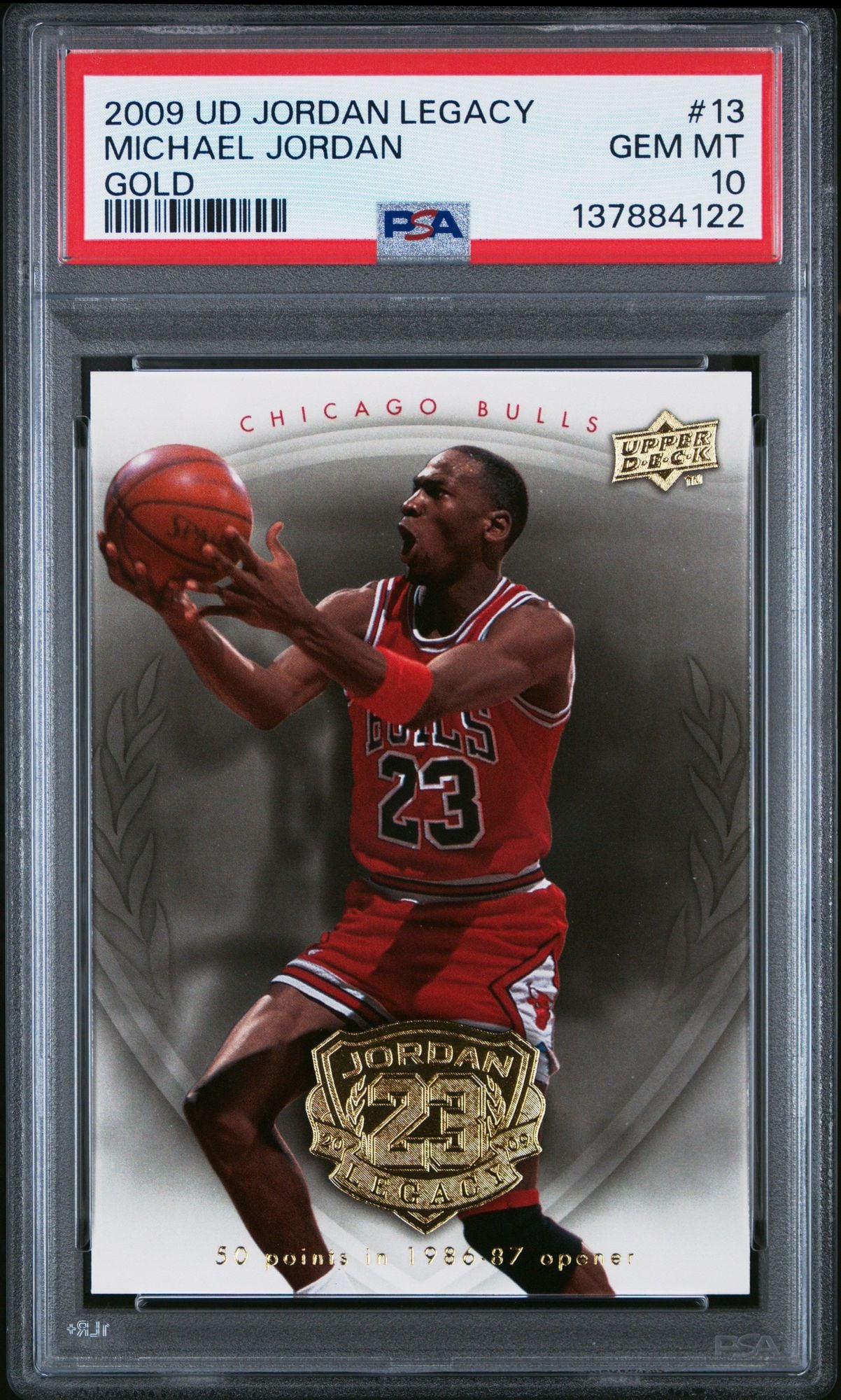 Graded 2009 UD Upper Deck Michael Jordan #13 Legacy Gold 50 PTS in 1986 Opener Basketball Card PSA 10 Gem Mint