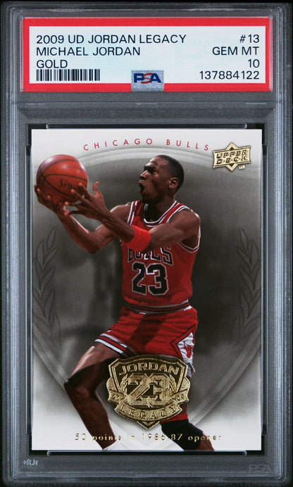 Graded 2009 UD Upper Deck Michael Jordan #13 Legacy Gold 50 PTS in 1986 Opener Basketball Card PSA 10 Gem Mint