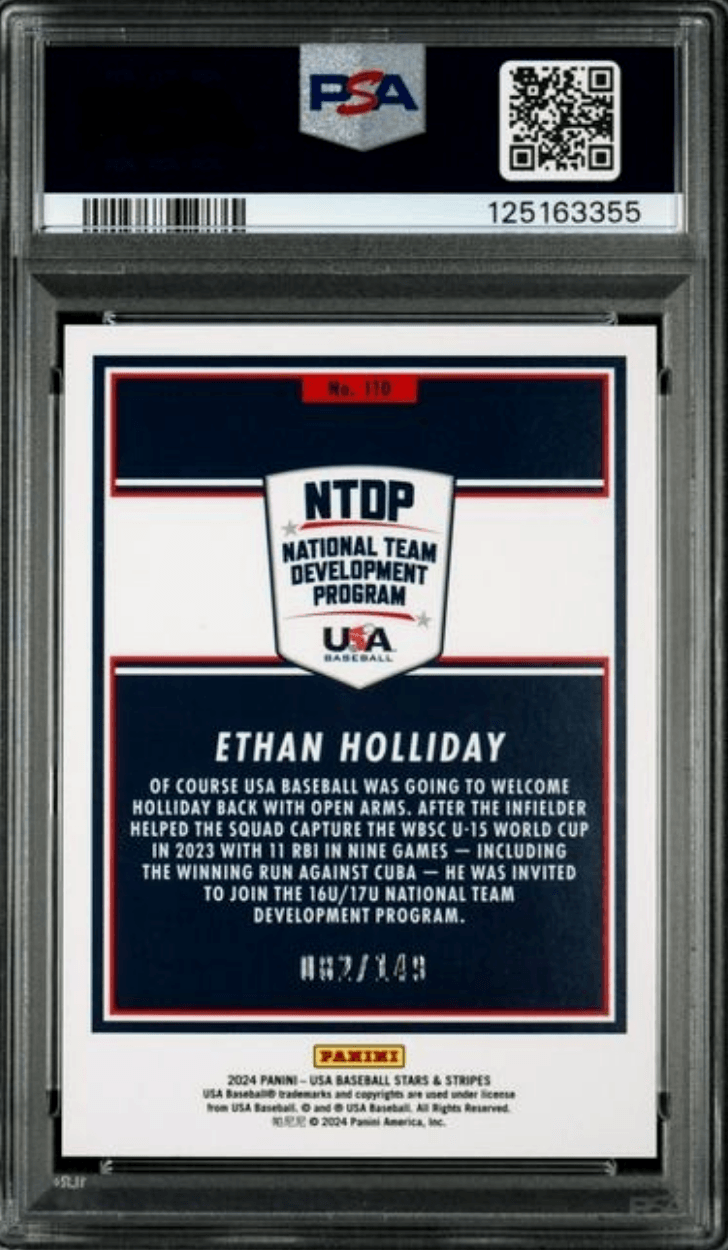 Graded 2024 Panini Stars & Stripes USA Ethan Holliday #110 Blue /149 Rookie RC Baseball Card PSA 10 Gem Mint