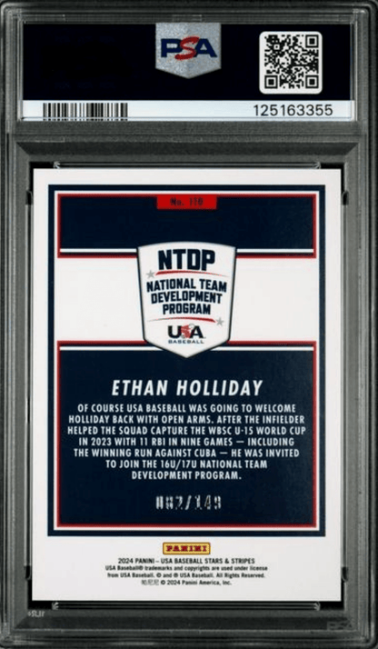 Graded 2024 Panini Stars & Stripes USA Ethan Holliday #110 Blue /149 Rookie RC Baseball Card PSA 10 Gem Mint