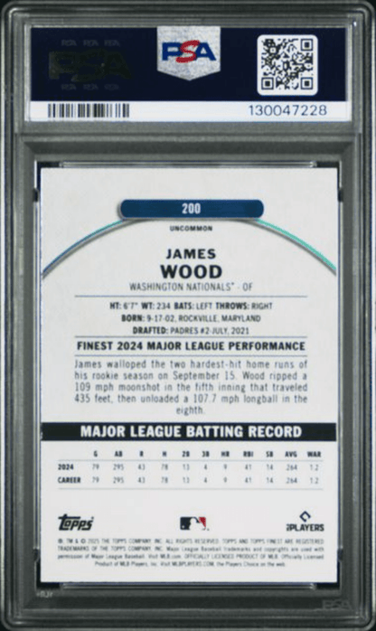 Graded 2025 Topps Finest James Wood #200 Blue Refractor /150 Rookie RC Baseball Card PSA 10 Gem Mint