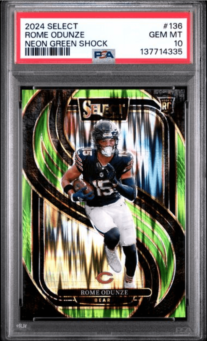 Graded 2024 Panini Select Rome Odunze #136 Neon Green Shock Rookie RC Football Card PSA 10 Gem Mint