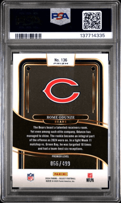 Graded 2024 Panini Select Rome Odunze #136 Neon Green Shock Rookie RC Football Card PSA 10 Gem Mint