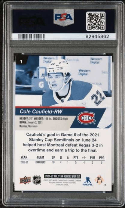 Graded 2021 Upper Deck Cole Caufield #1 NHL Star Rookies Box Set Rookie RC Hockey Card PSA 10 Gem Mint