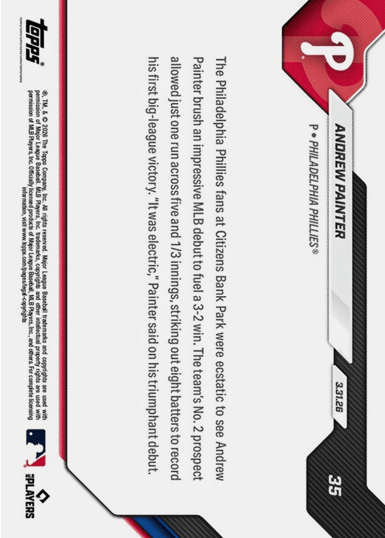 2026 Topps Now Andrew Painter #35 Black Foil /10 Club Top Pitching Prospect Dazzles in MLB Debut Philadelphia Phillies Rookie RC Baseball Card