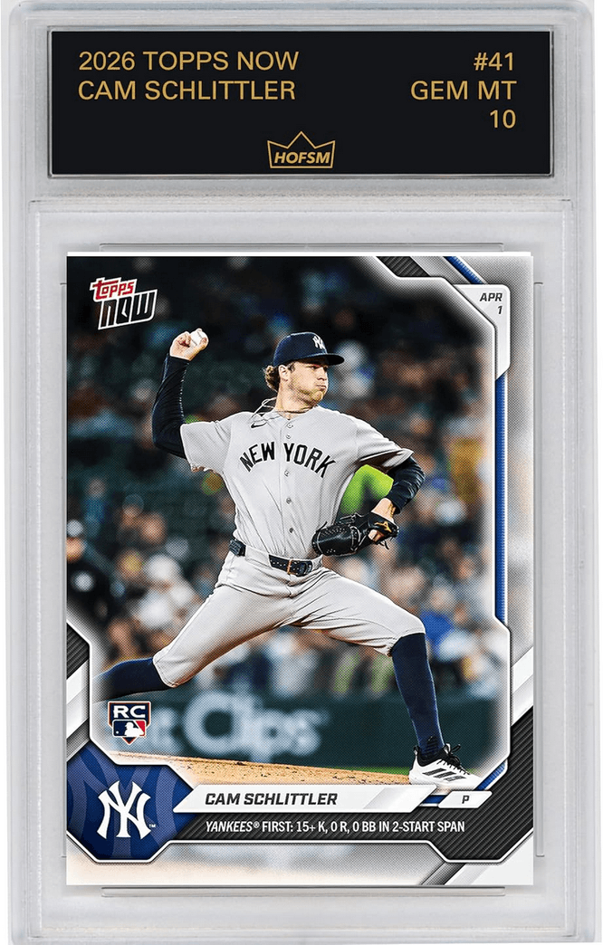Graded 2026 Topps Now Cam Schlittler #41 Yankees First: 15+ K, 0 R, 0 BB in 2 Start Span New York Yankees Rookie RC Baseball Card HOFSM 10 Gem Mint
