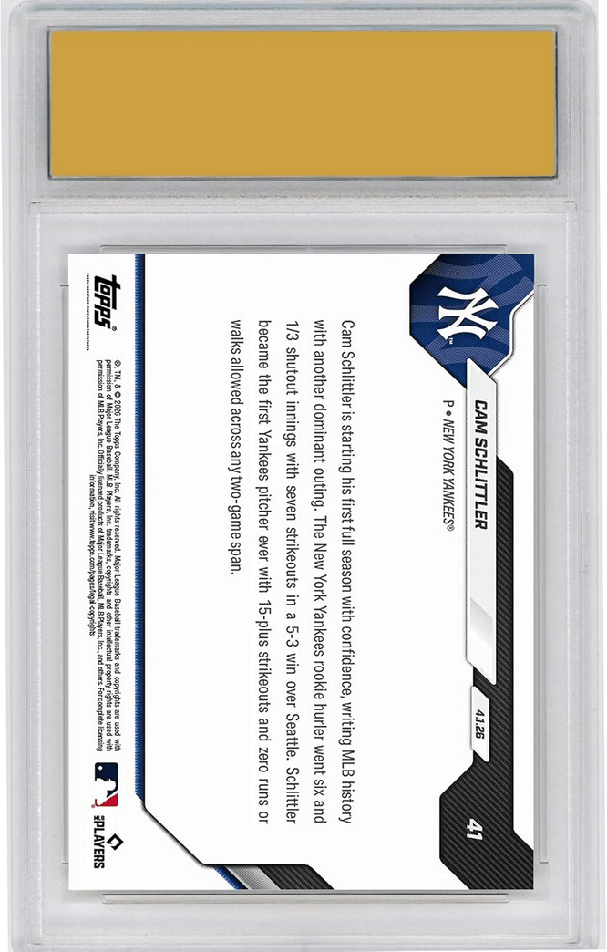 Graded 2026 Topps Now Cam Schlittler #41 Yankees First: 15+ K, 0 R, 0 BB in 2 Start Span New York Yankees Rookie RC Baseball Card HOFSM 10 Gem Mint