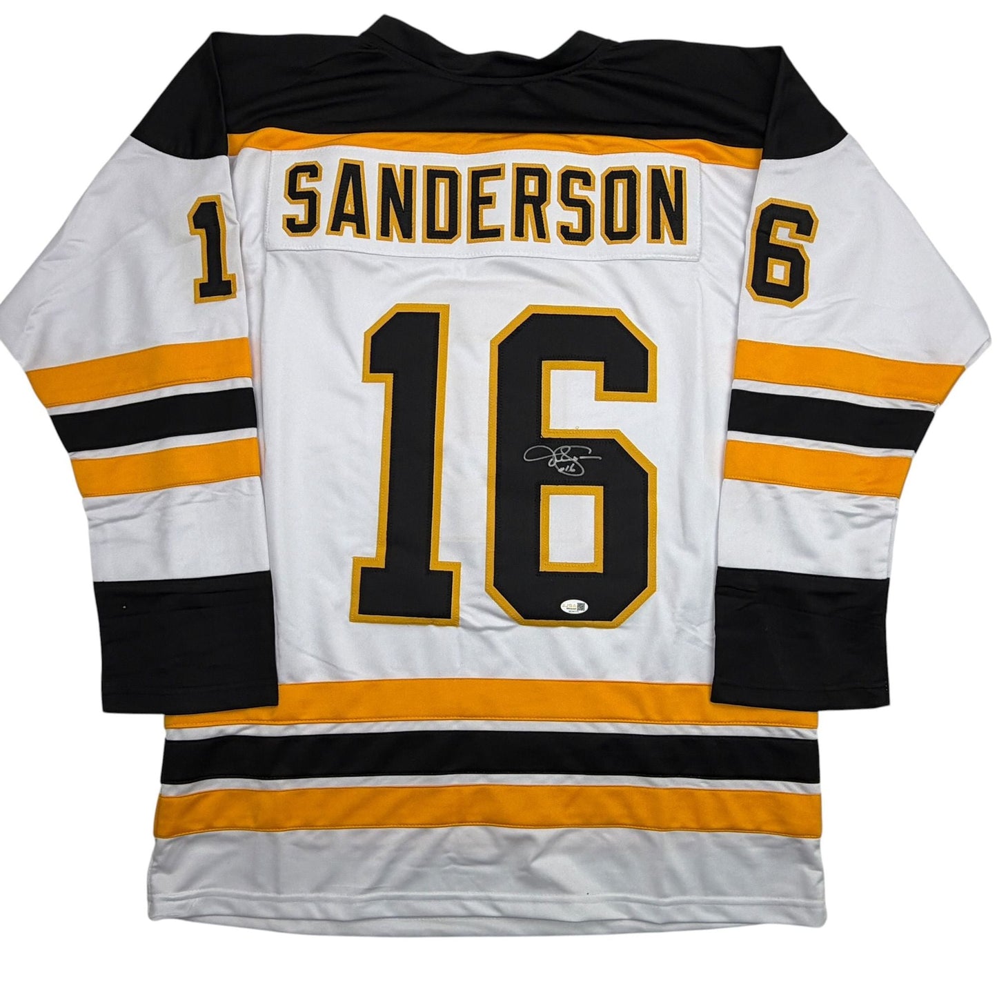 Autographed/Signed Derek Sanderson Boston White Hockey Jersey JSA COA