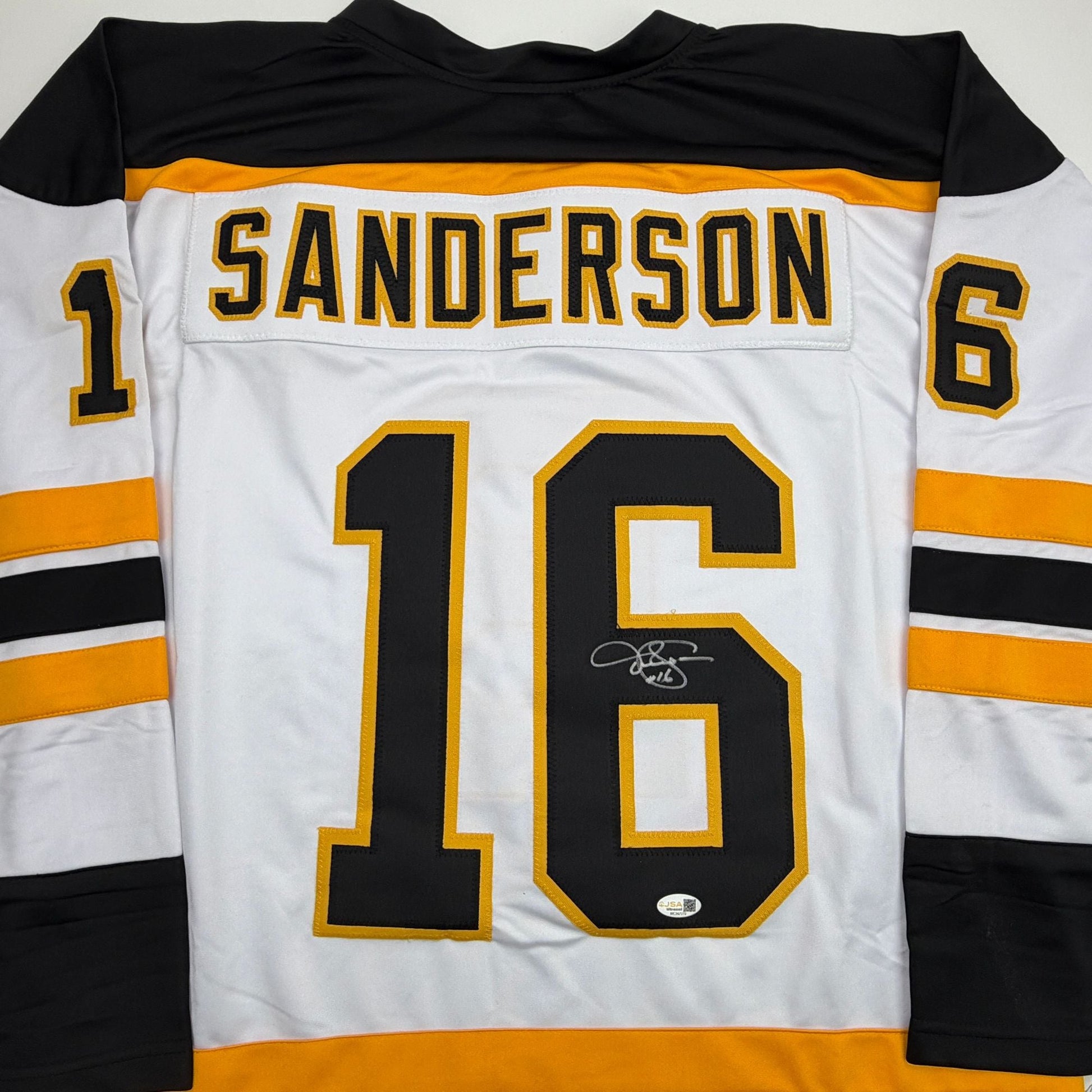 Autographed/Signed Derek Sanderson Boston White Hockey Jersey JSA COA