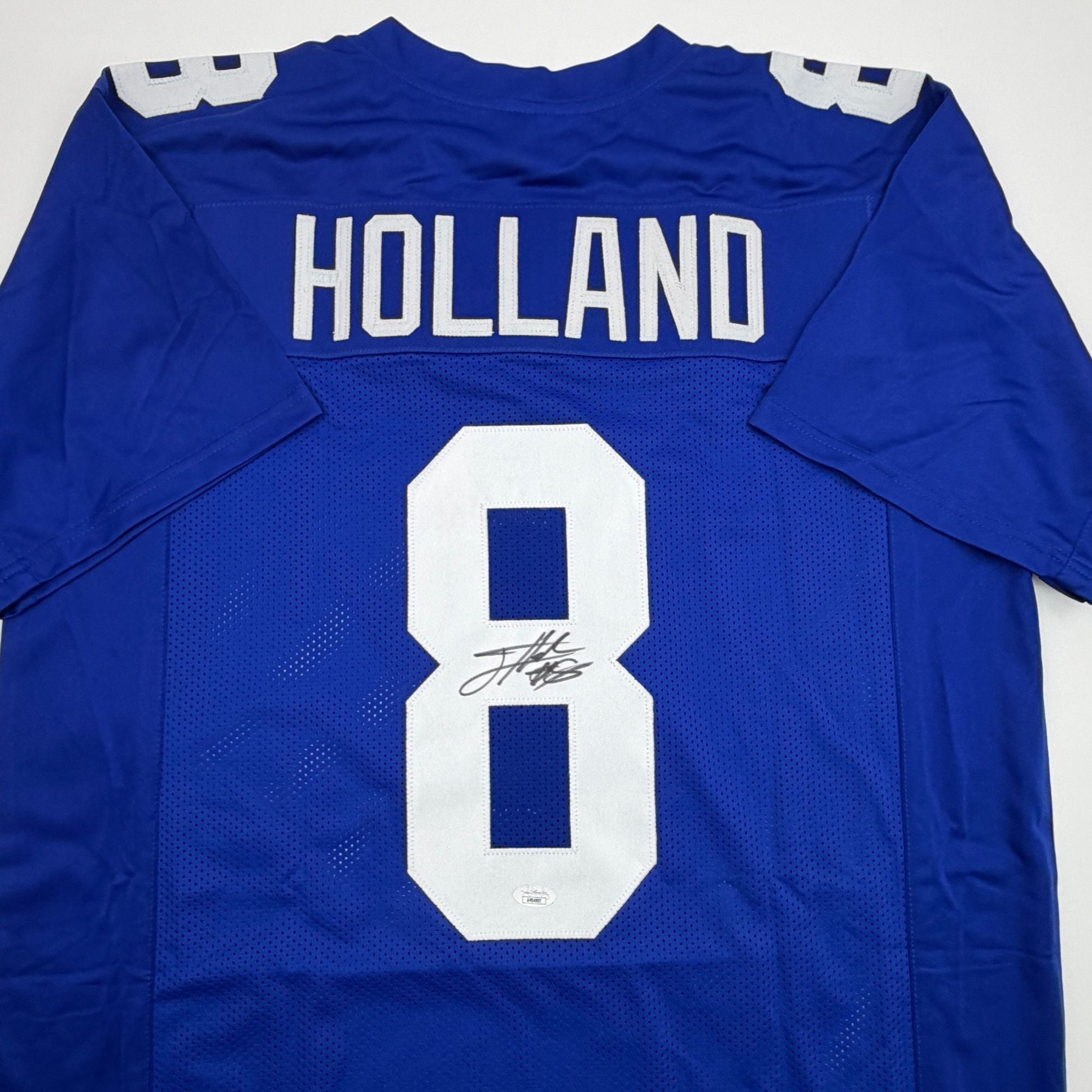 Autographed/Signed Jevon Holland New York Blue Football Jersey JSA COA