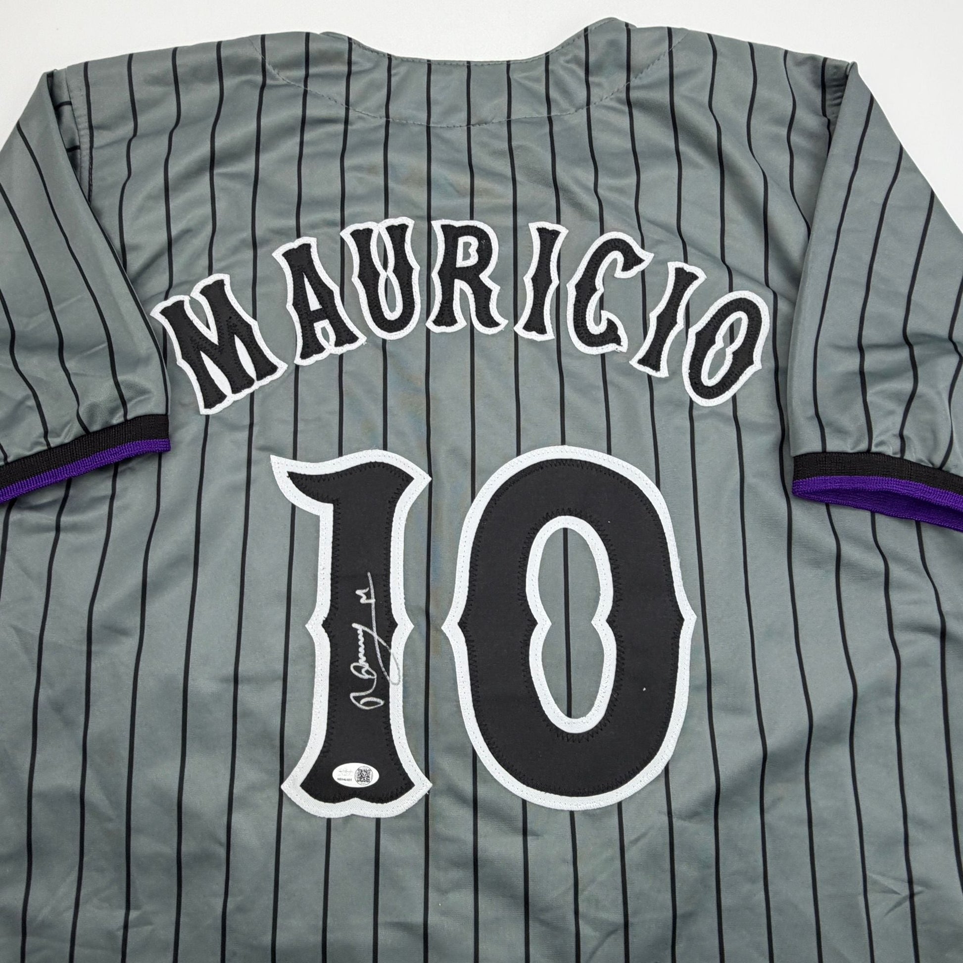 Autographed/Signed Ronny Mauricio New York Grey Pinstripe City Connect Baseball Jersey Beckett BAS COA