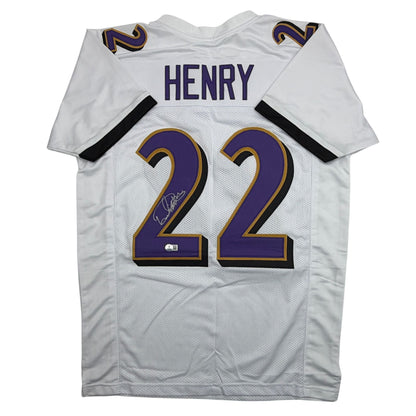 Autographed/Signed Derrick Henry Baltimore White Football Jersey Beckett BAS COA