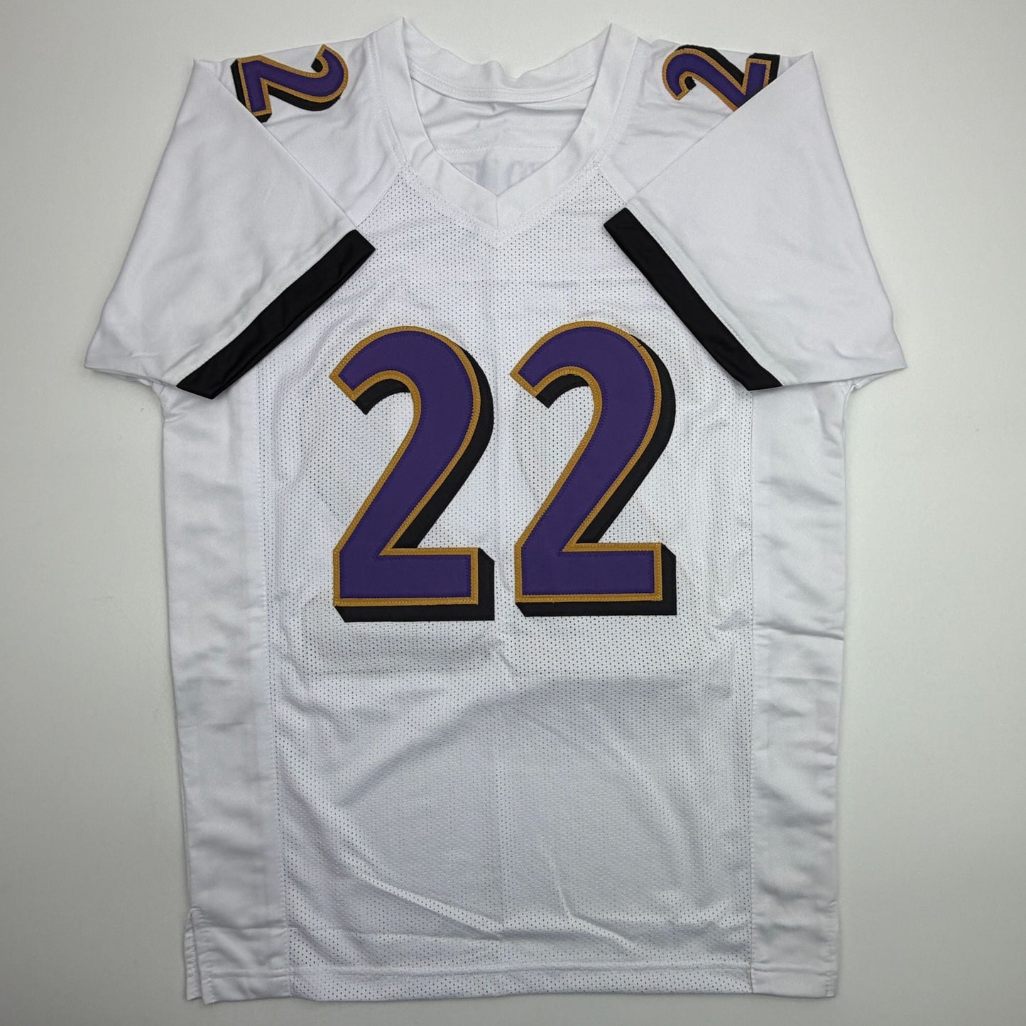 Autographed/Signed Derrick Henry Baltimore White Football Jersey Beckett BAS COA
