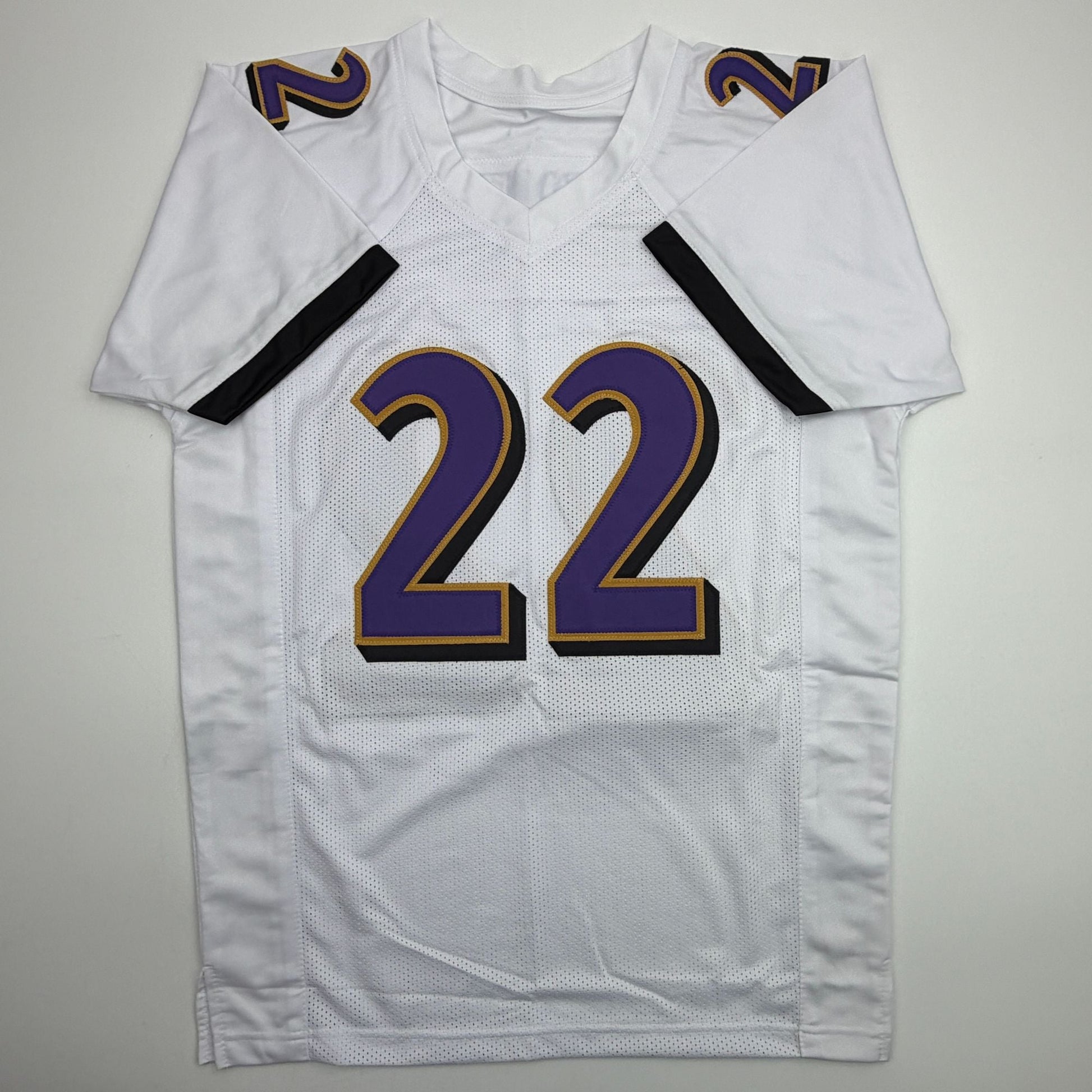 Autographed/Signed Derrick Henry Baltimore White Football Jersey Beckett BAS COA