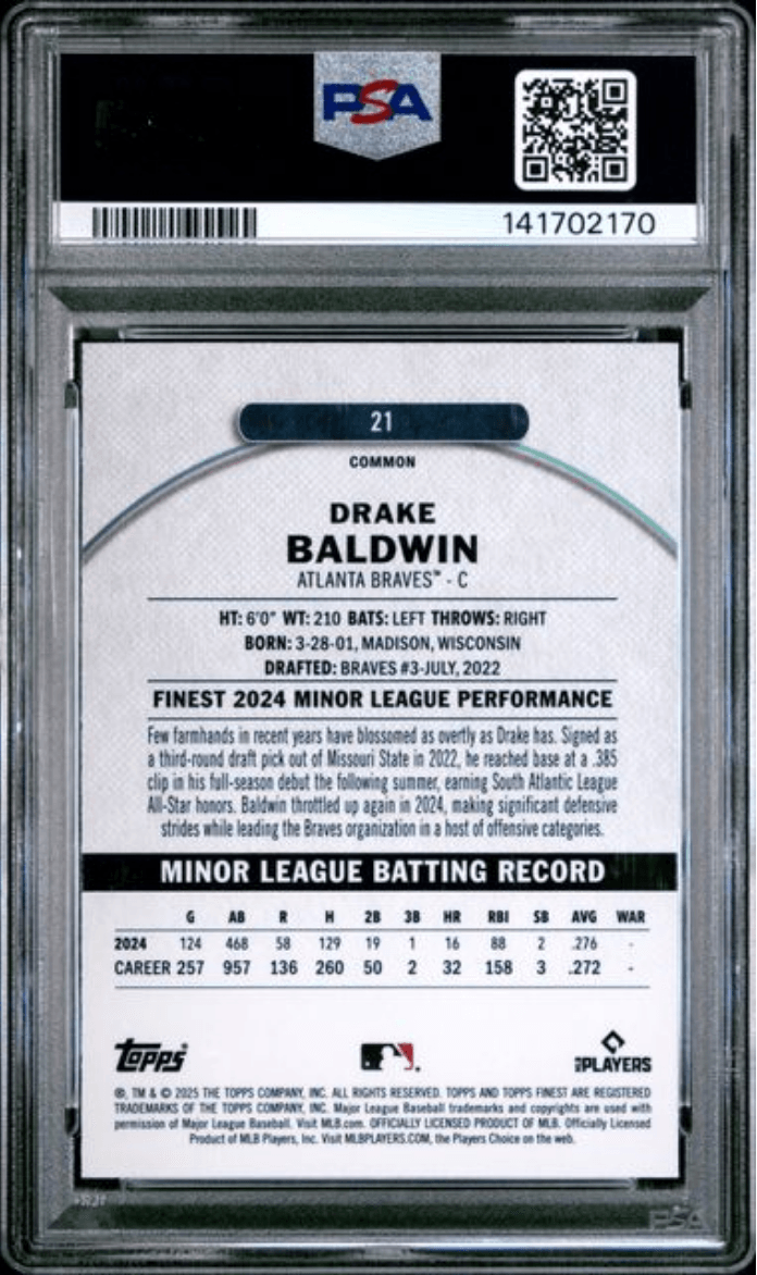 Graded 2025 Topps Finest Drake Baldwin #21 Purple Refractor /250 Rookie RC Baseball Card PSA 10 Gem Mint