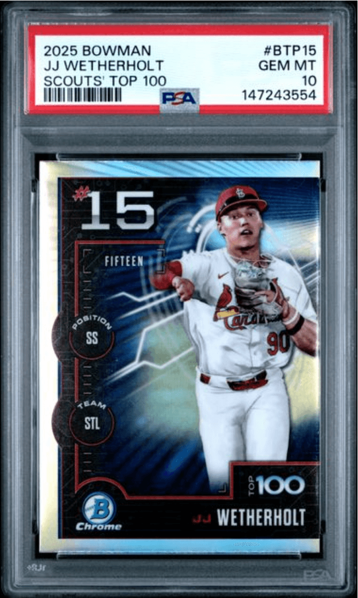 Graded 2025 Topps Bowman JJ Wetherholt #BTP15 Scouts Top 100 Rookie RC Baseball Card PSA 10 Gem Mint