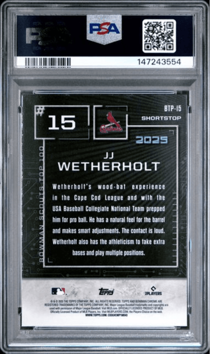 Graded 2025 Topps Bowman JJ Wetherholt #BTP15 Scouts Top 100 Rookie RC Baseball Card PSA 10 Gem Mint