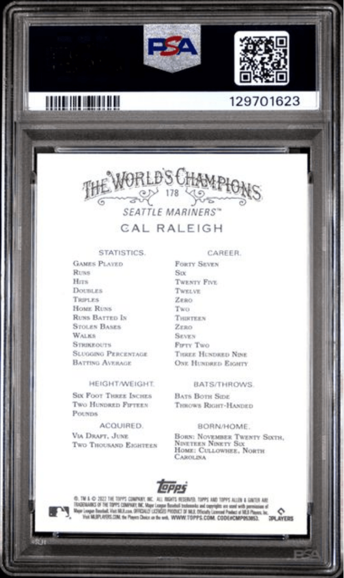 Graded 2022 Topps Allen & Ginter Cal Raleigh #178 Rookie RC Baseball Card PSA 10 Gem Mint