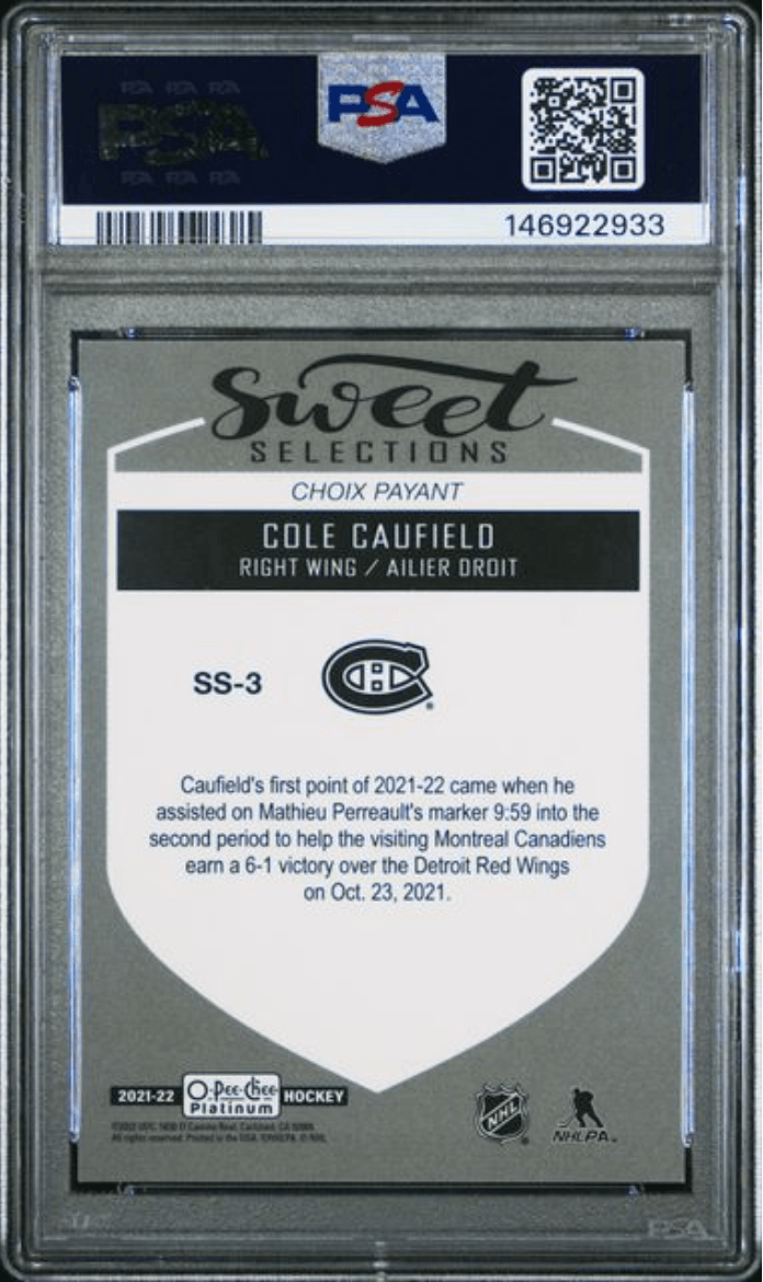 Graded 2021 Upper Deck OPC Platinum Cole Caufield #SS3 Sweet Selections Rookie RC Hockey Card PSA 10 Gem Mint