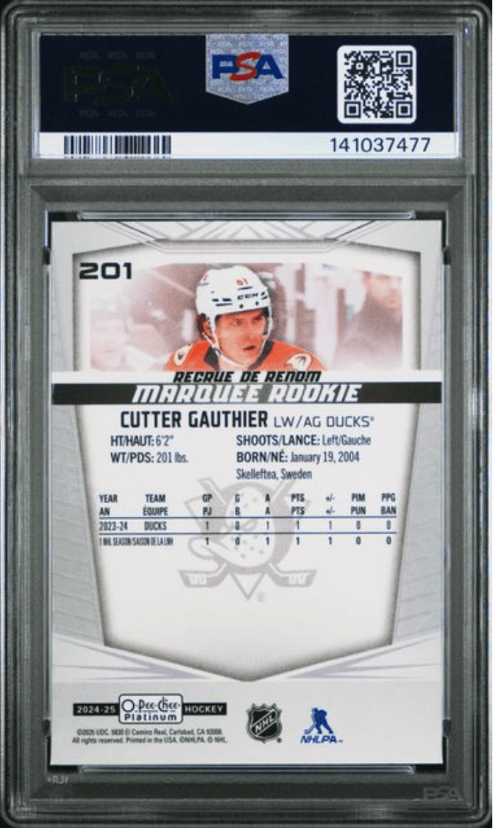 Graded 2024 Upper Deck OPC Platinum Cutter Gauthier #201 Rookie RC Hockey Card PSA 10 Gem Mint