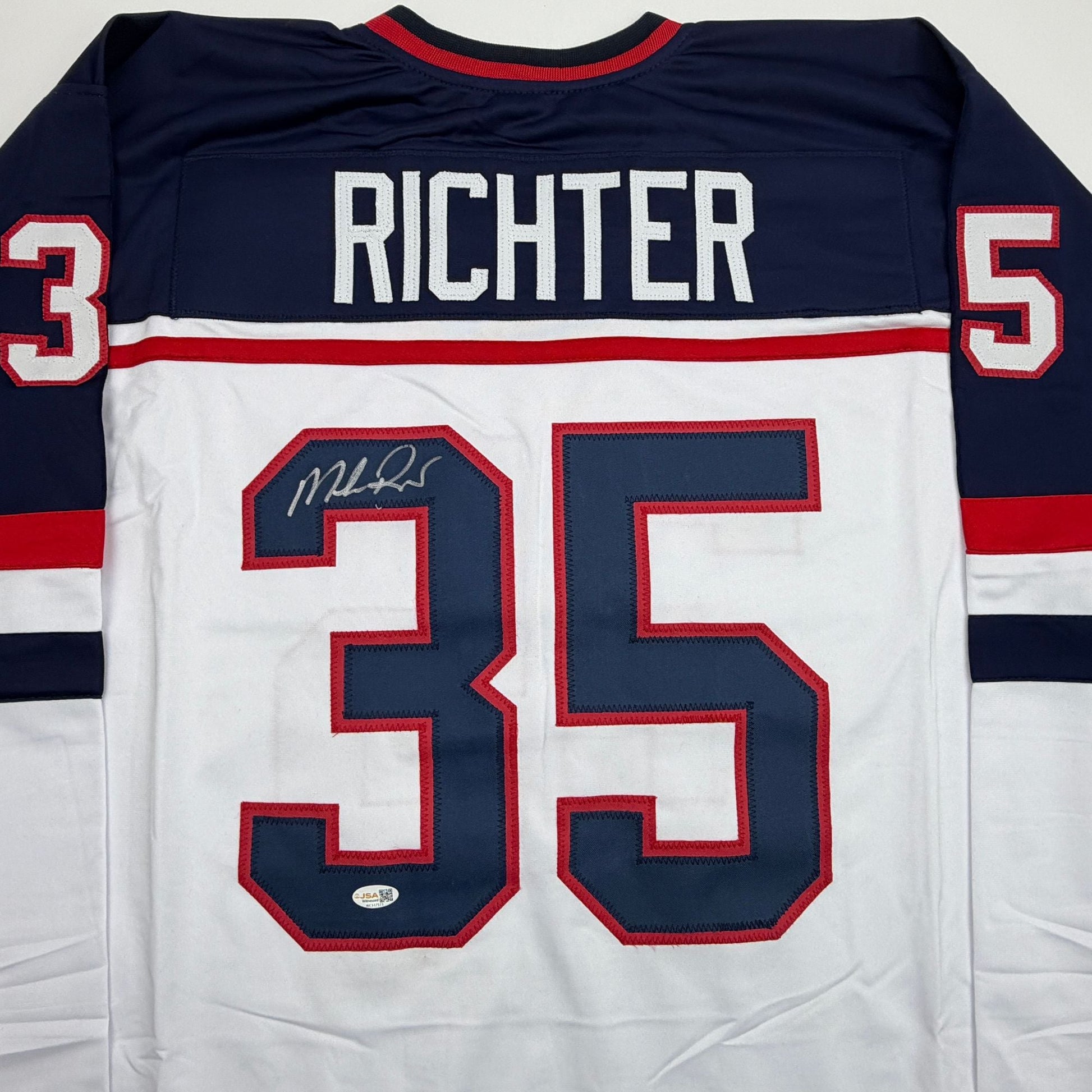 Autographed/Signed Mike Richter USA United States White Hockey Jersey JSA COA
