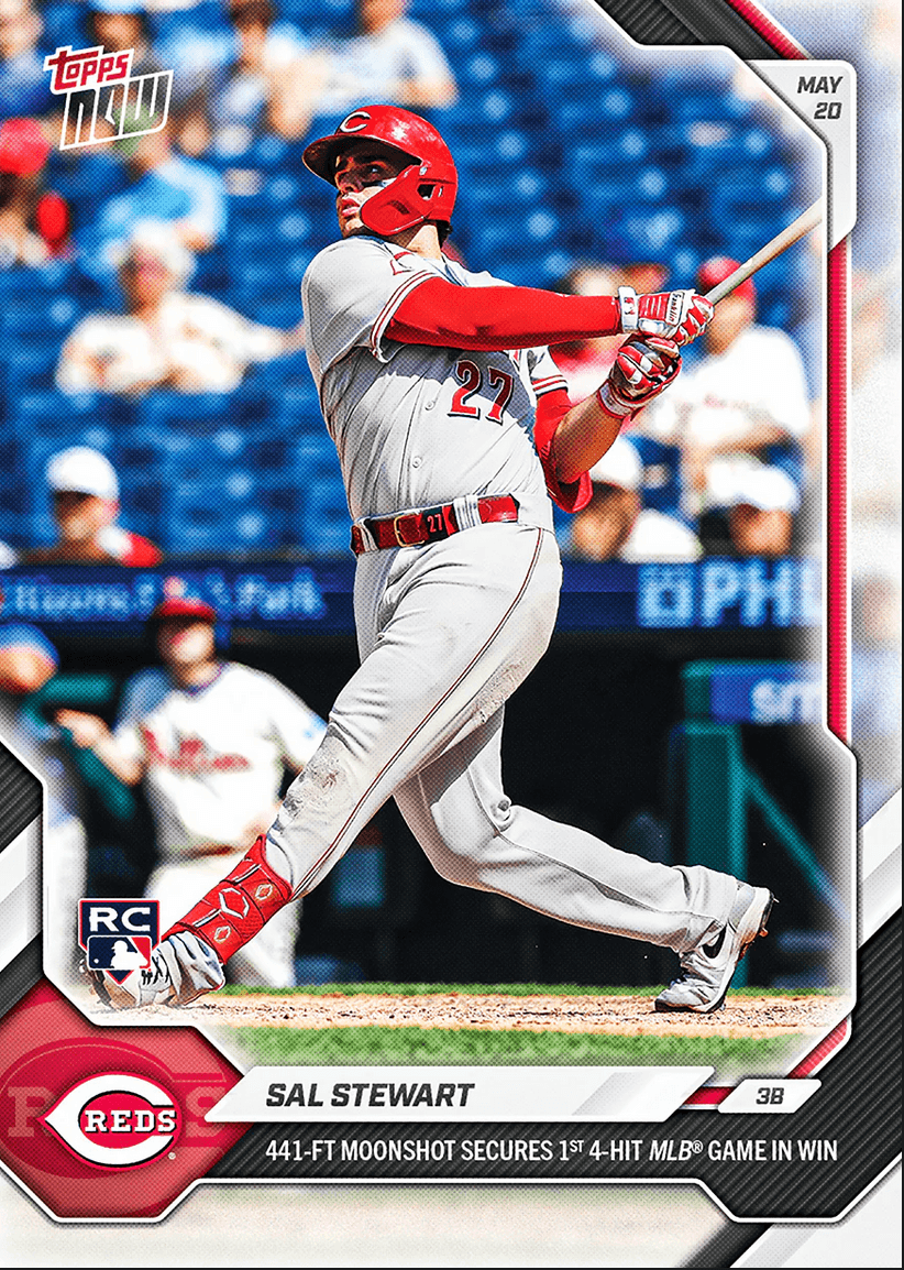 2026 Topps Now Sal Stewart #224 441 Foot Moonshot Secures 1st 4 Hit MLB Game in Win Cincinnati Reds Rookie RC Baseball Card