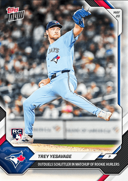2026 Topps Now Trey Yesavage #225 Outduels Schlittler in Match Up of Rookie Hurlers Toronto Blue Jays Rookie RC Baseball Card