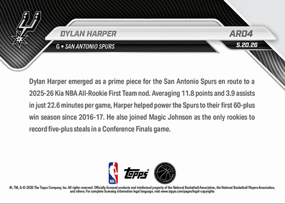 2025 Topps Now Dylan Harper #AR04 2025-26 KIA NBA All Rookie First Team Selection San Antonio Spurs Rookie RC Basketball Card