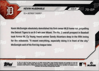 2026 Topps Now Kevin McGonigle #75SP Blasts 1st Carer MLB Home Run in Series Sweep Detroit Tigers Rookie RC Baseball Card
