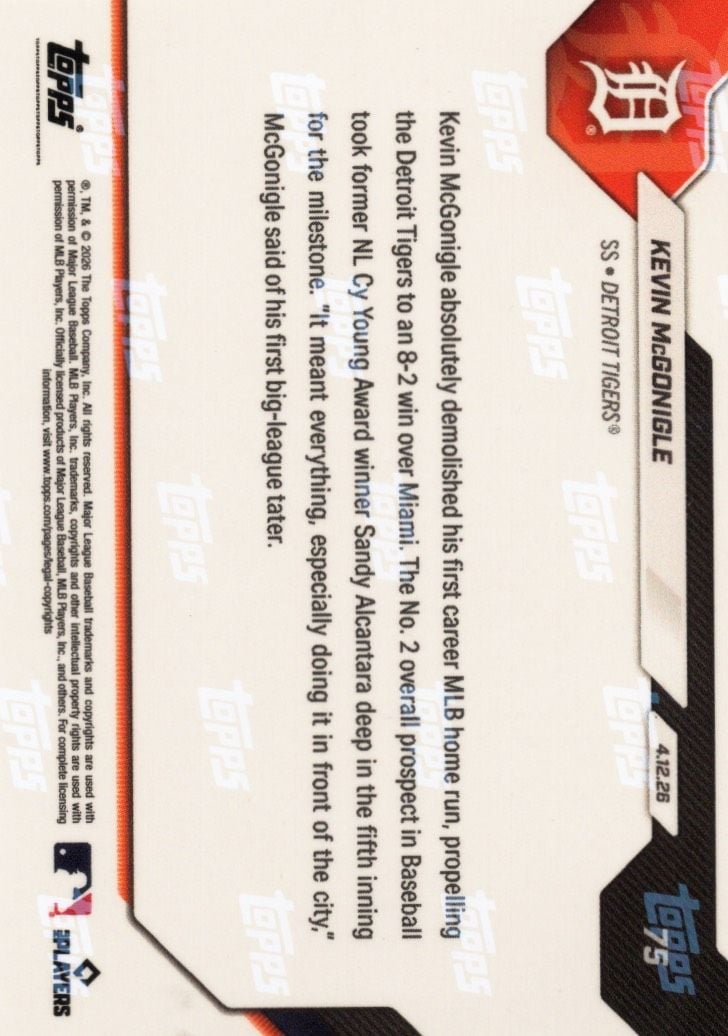 2026 Topps Now Kevin McGonigle #75 Gold Foil /50 Blasts 1st Carer MLB Home Run in Series Sweep Detroit Tigers Rookie RC Baseball Card