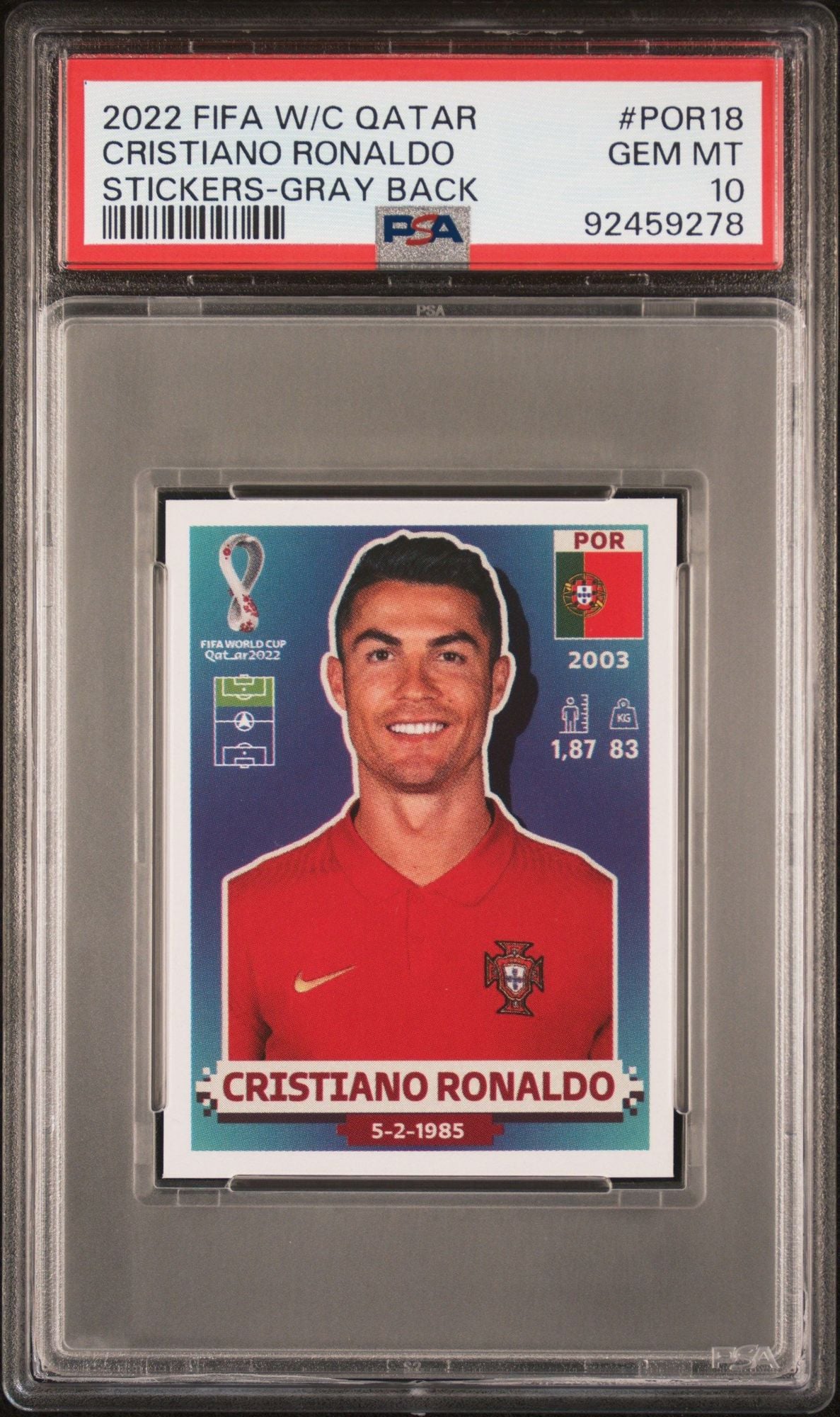 Graded 2022 Panini FIFA World Cup Qatar Cristiano Ronaldo #POR18 Portugal Stickers Gray Back Soccer Card PSA 10 Gem Mint