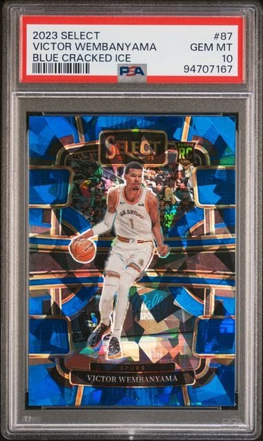 Graded 2023 Panini Select Victor Wembanyama #87 Blue Cracked Ice Rookie Basketball Card PSA 10 Gem Mint