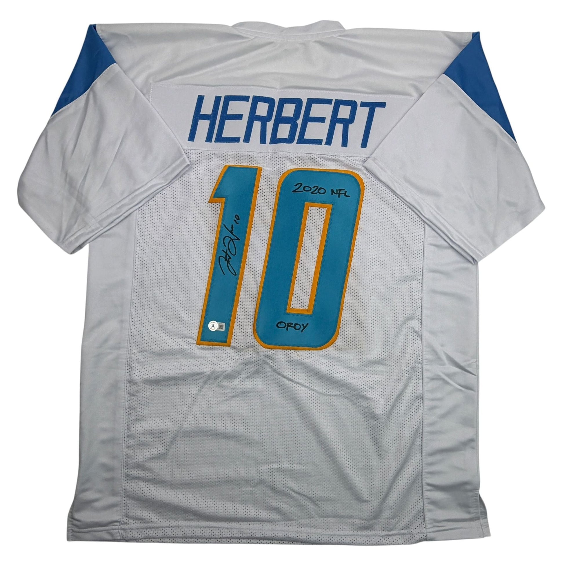 Autographed/Signed Justin Herbert 2020 ROY Los Angeles San Diego White Football Jersey Beckett BAS COA
