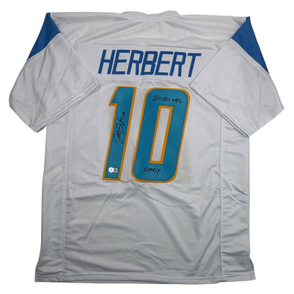 Autographed/Signed Justin Herbert 2020 ROY Los Angeles San Diego White Football Jersey Beckett BAS COA