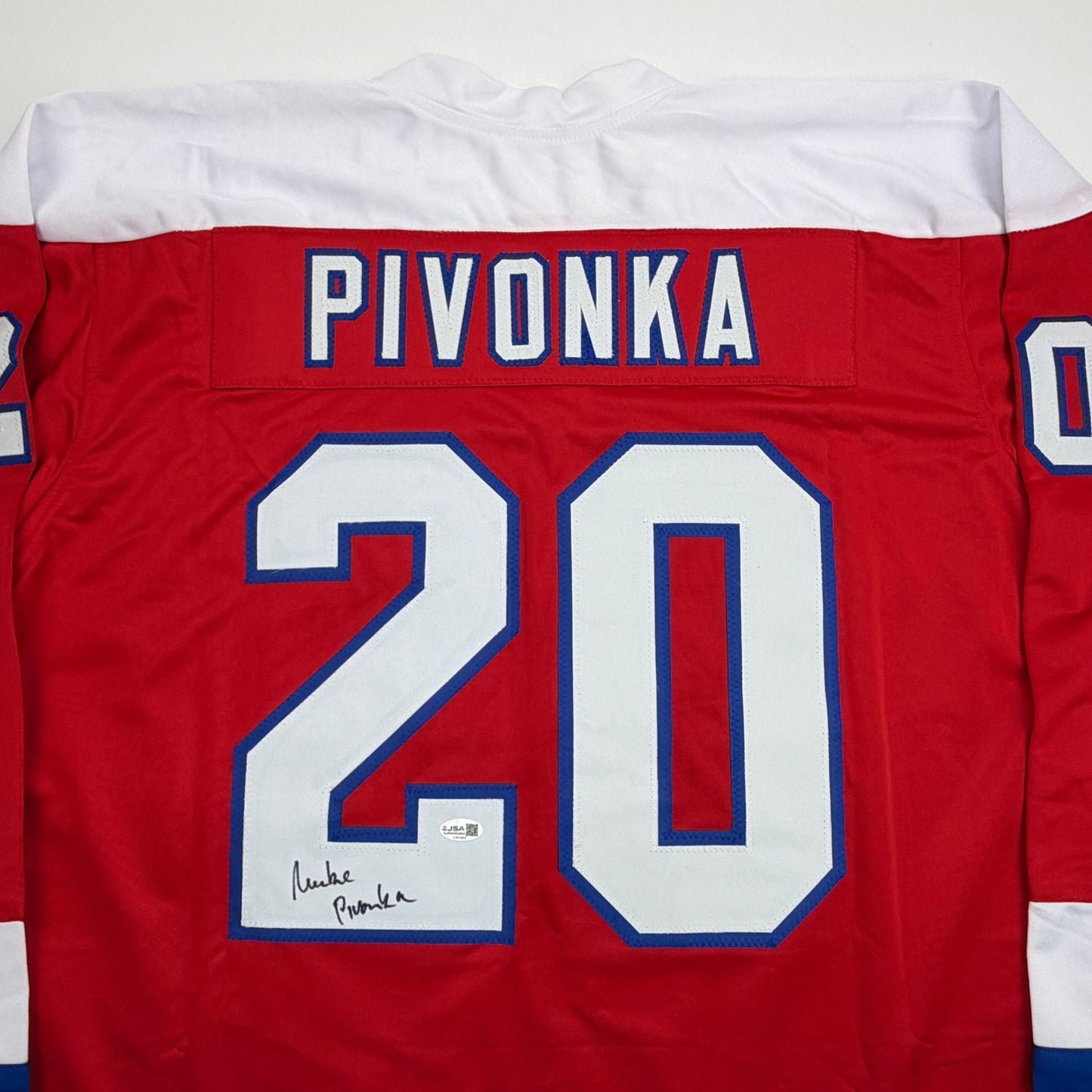 Autographed/Signed Michal Pivonka Washington Red Hockey Jersey JSA COA