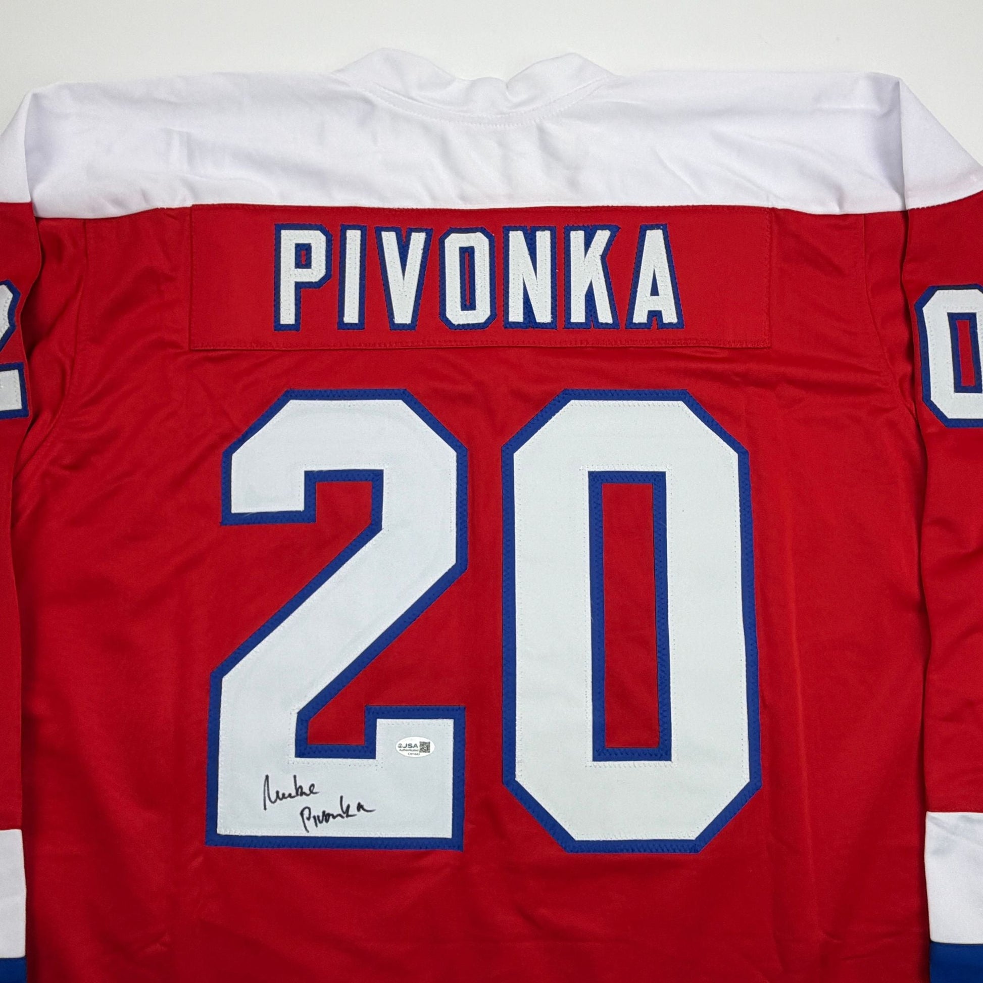 Autographed/Signed Michal Pivonka Washington Red Hockey Jersey JSA COA