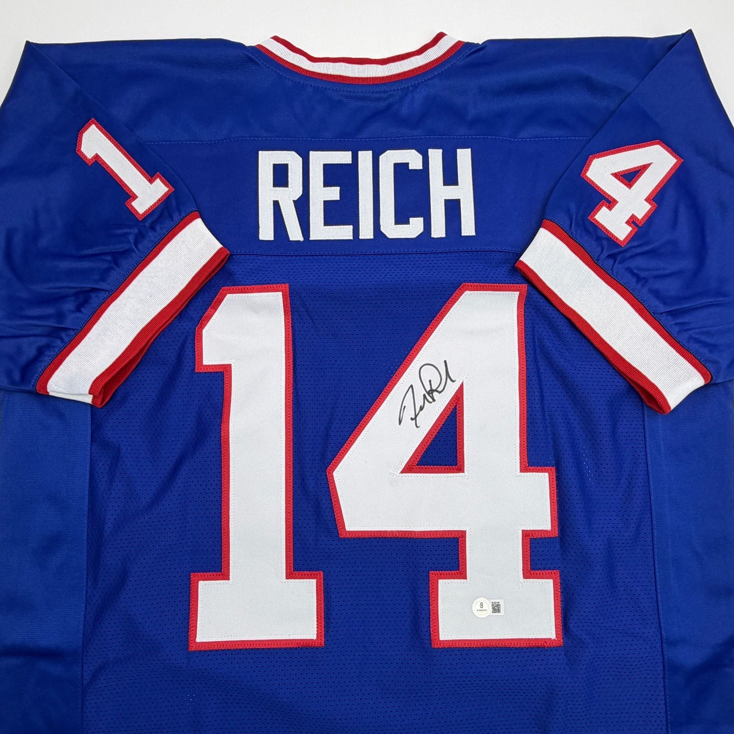 Autographed/Signed Frank Reich Buffalo Blue Football Jersey Beckett BAS COA