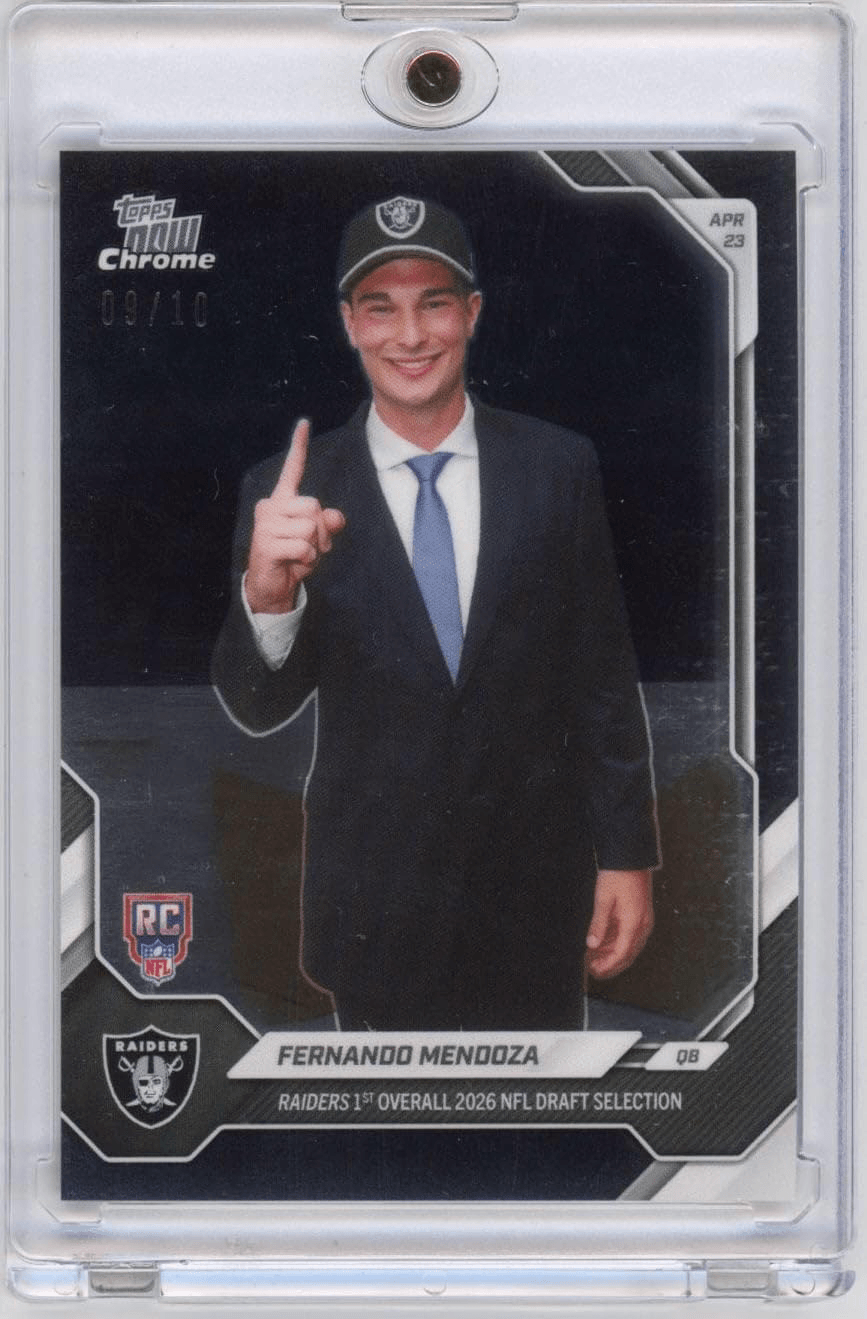 2026 Topps Now Fernando Mendoza #FMEN Black Chrome /10 Raiders 1st Overall 2026 NFL Draft Selection Las Vegas Raiders Rookie RC Football Card