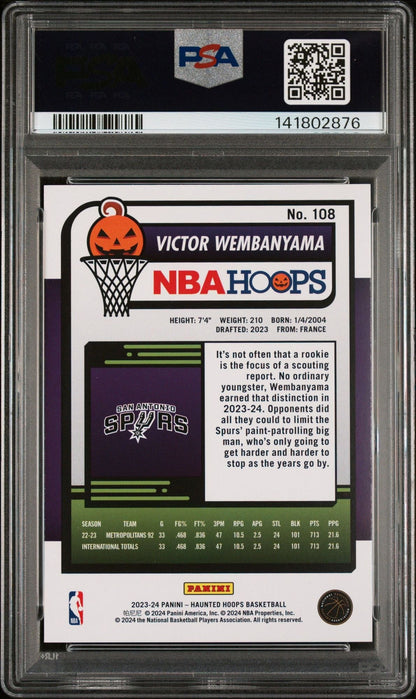 Graded 2024 Panini NBA Haunted Hoopes Victor Wembanyama #108 Rookie RC Basketball Card PSA 10 Gem Mint