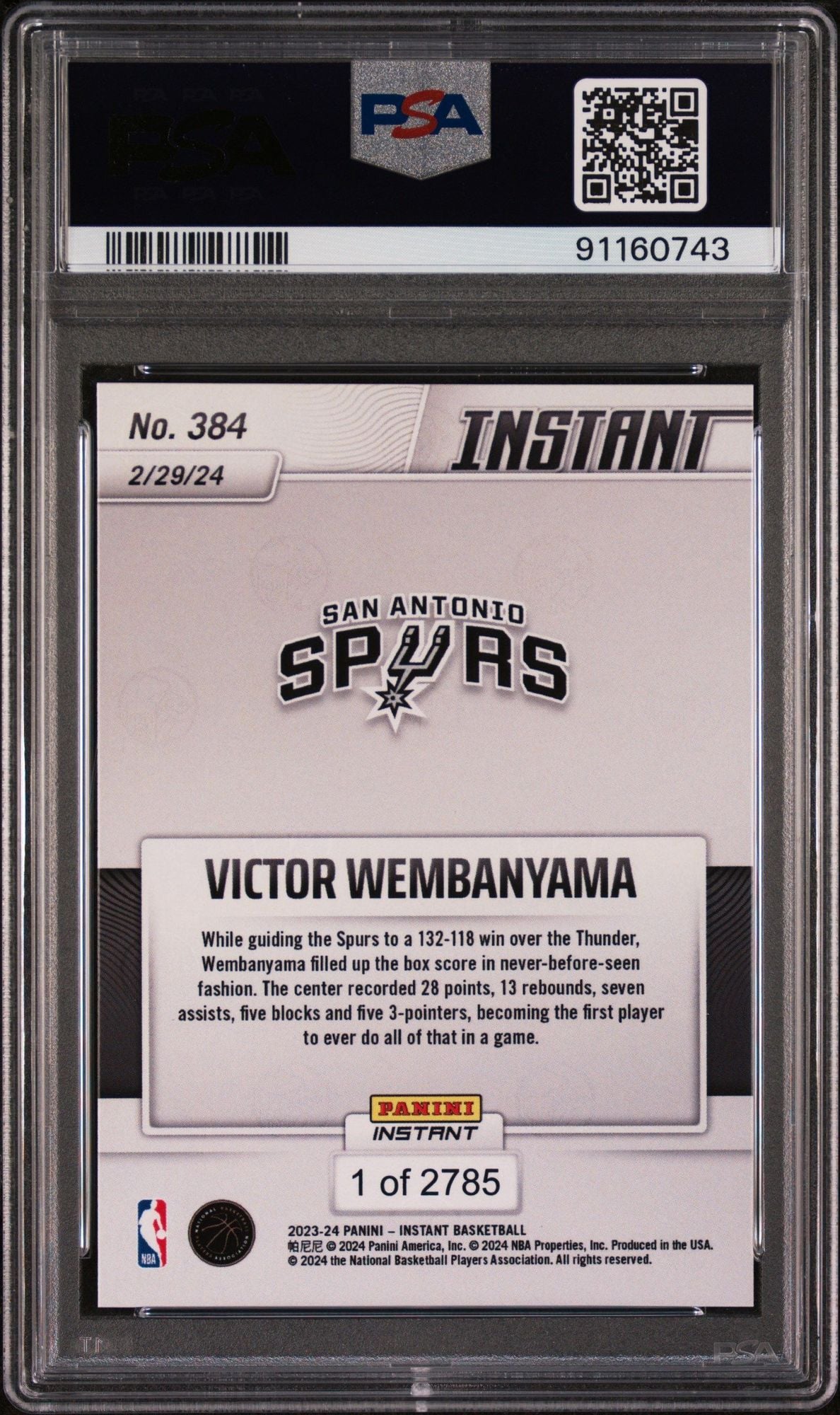 Graded 2024 Panini Instant Victor Wembanyama #384 Enters League of His Own Rookie RC Basketball Card PSA 10 Gem Mint