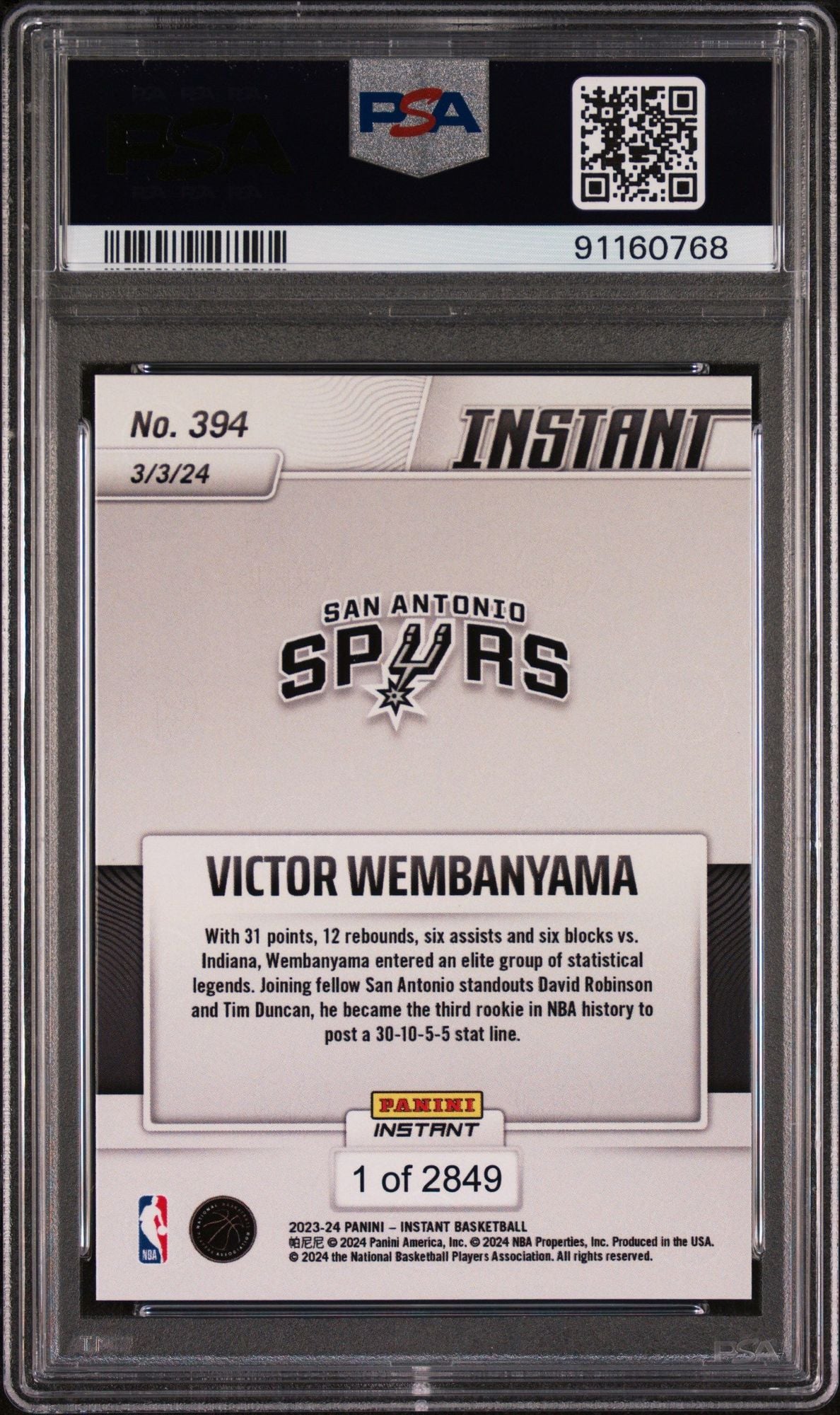 Graded 2024 Panini Instant Victor Wembanyama #394 Joins Elite Group Rookie RC Basketball Card PSA 10 Gem Mint