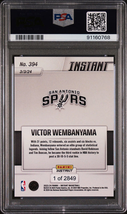 Graded 2024 Panini Instant Victor Wembanyama #394 Joins Elite Group Rookie RC Basketball Card PSA 10 Gem Mint