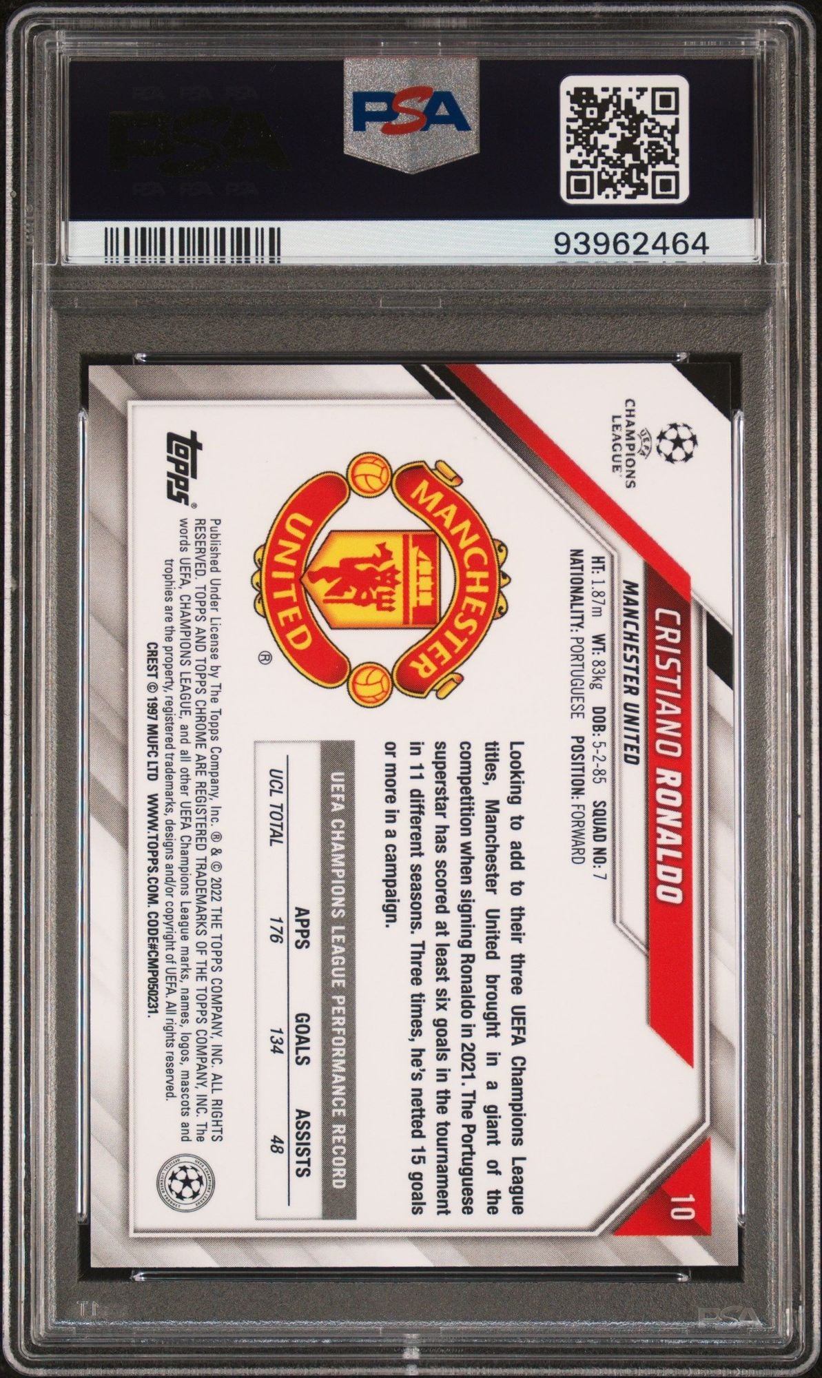 Graded 2021 Topps Chrome UCL Cristiano Ronaldo #10 UEFA Champions League Soccer Card PSA 10 Gem Mint