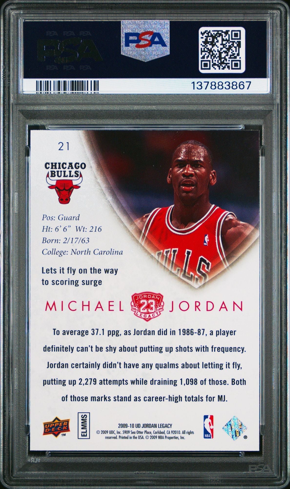 Graded 2009 UD Upper Deck Michael Jordan #21 Legacy Gold Career High FG Basketball Card PSA 10 Gem Mint